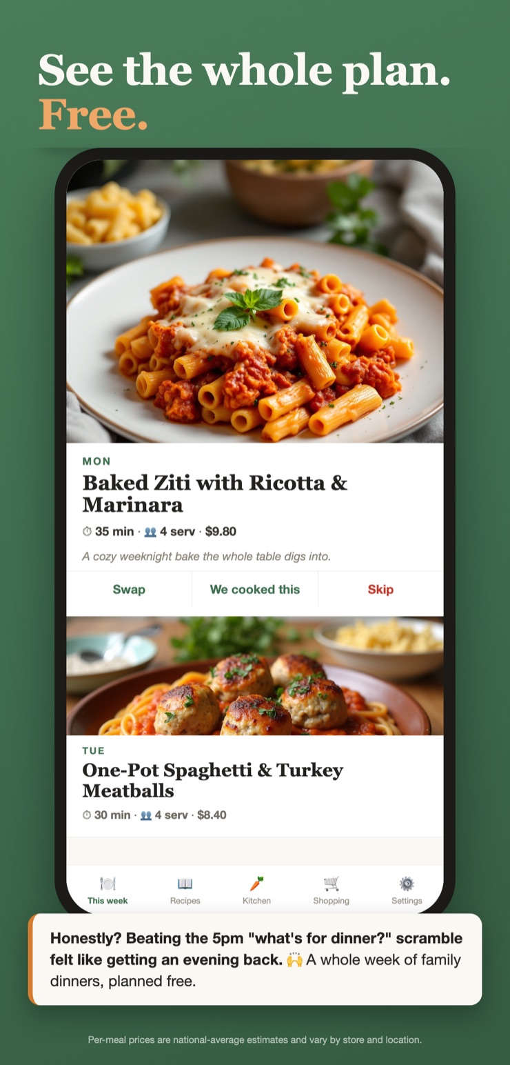 Weekly plan screen with per-meal prices under the headline 'See the whole plan. Free.'
