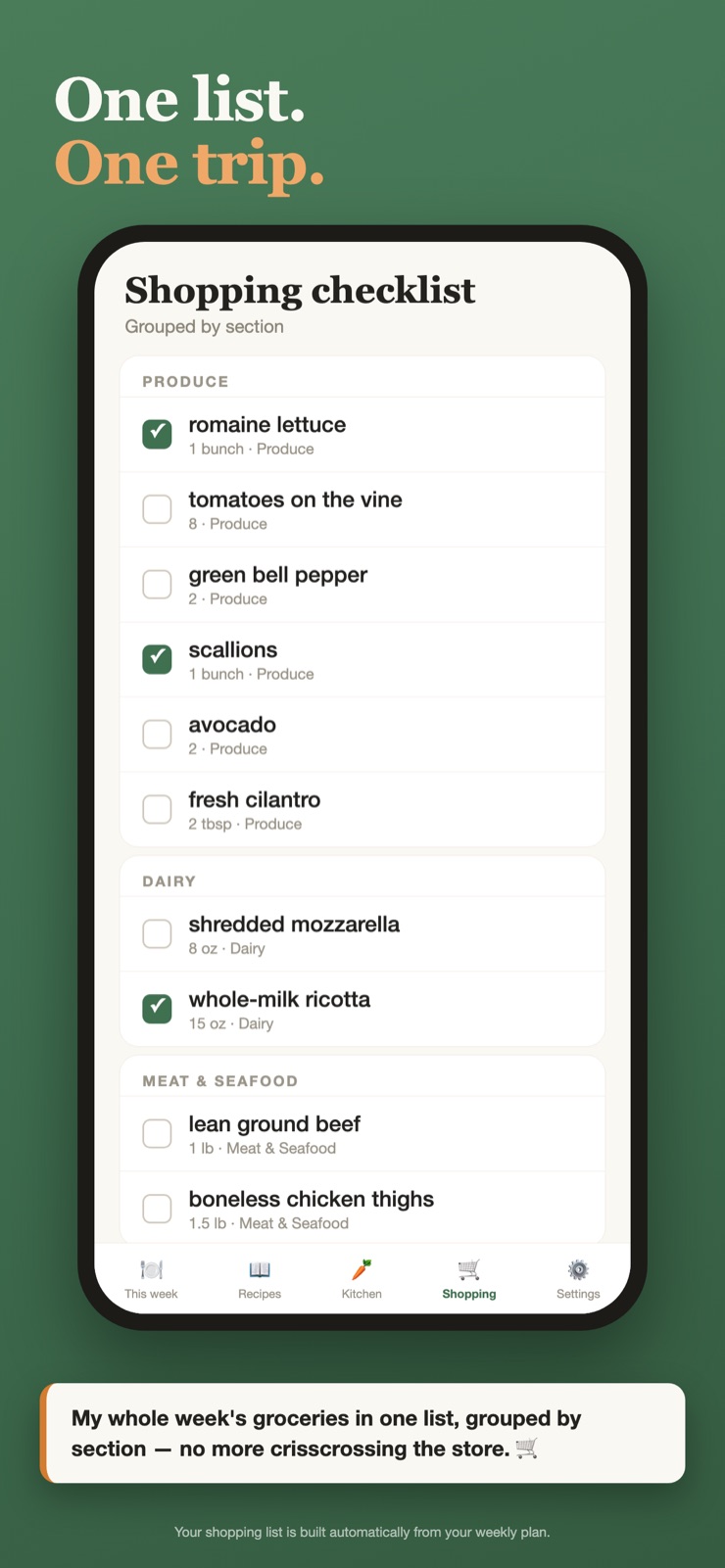 Shopping checklist grouped by store section — 'One list. One trip.'